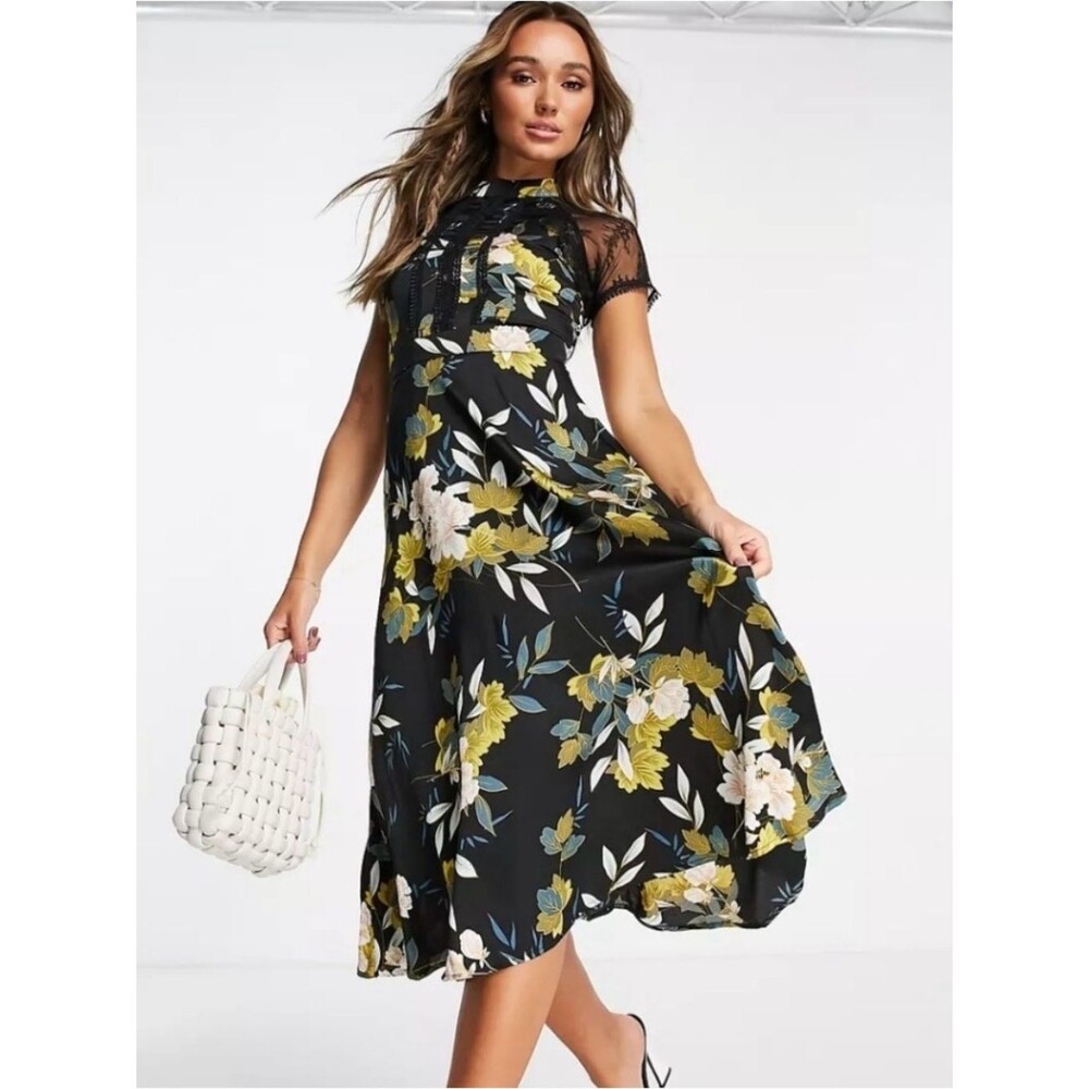 Liquorish Floral Lace-Trim Midi Dress in Black NWT